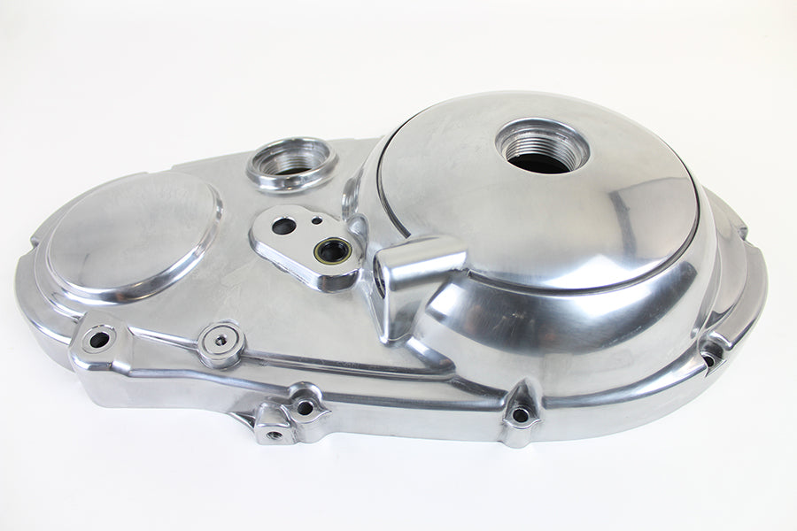 Polished MOTORSHOP Primary Cover for drive line, showcasing a sleek, shiny metallic finish on a durable automotive part.