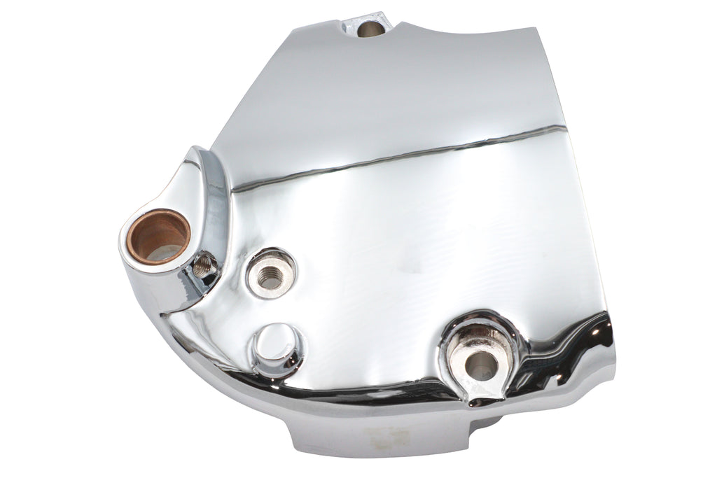 Chrome sprocket cover for motorcycle drive line by Motorshop, showcasing a shiny, protective chrome finish on the sprocket cover.