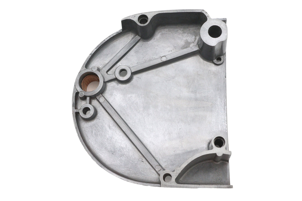 Polished MOTORSHOP drive line sprocket cover showing a shiny, reflective surface on a motorcycle drivetrain component.
