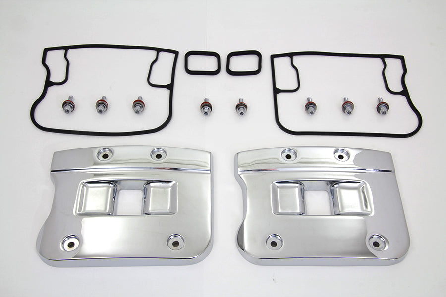 Motorshop chrome Top Rocker Box Cover Set for motorcycle engine, shiny and detailed with bolt accents.