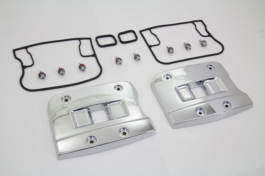 Motorshop chrome top rocker box cover set for motorcycle engine, featuring polished metal finish and detailed design.