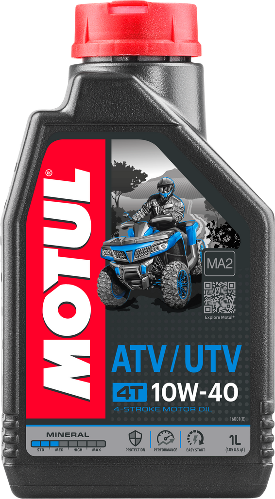 Motul Quad 4T Oil 10W40 1L container, motorcycle engine oil from Motul, chemical product for engine lubrication