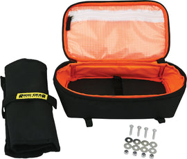 Nelson-Rigg rear fender bag with 3L capacity and tool roll in black, mounted on motorcycle Fender for luggage storage.