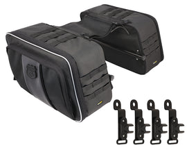 Nelson-Rigg Route 1 Road Trip Saddlebags on motorcycle, black durable luggage with straps and zippers for travel storage.