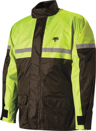 Nelson-Rigg Stormrider Rain Suit in black and hi-vis yellow, displayed on a hanger against a white background.