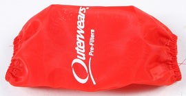 Red Outerwears Pre-Filter for K&N PL1003 air filter, close-up view showing textured filter material for improved airflow.