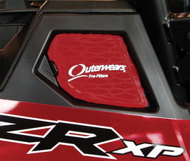 Outerwears red side intake pre-filter for air filters, designed for enhanced engine protection and airflow.