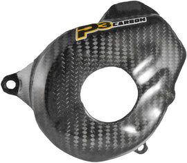 P3 Carbon Fiber Ignition Cover for KTM 450SXF and XC models, durable body protection with sleek carbon fiber finish