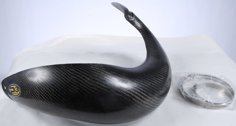 P3 Carbon Fiber Pipe Guard for exhaust system, designed for P3 motorcycle exhaust, featuring sleek black carbon fiber finish.