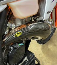 Load image into Gallery viewer, P3 Carbon Fiber Exhaust Pipe Guard for KTM and Husqvarna models, designed to protect motorcycle exhaust systems.
