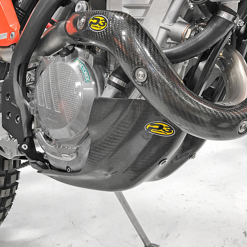P3 Brand carbon fiber skid plate guard for motorcycle protection, durable and lightweight with a sleek black finish