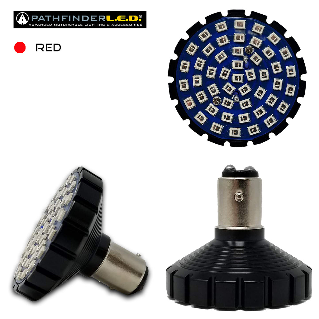 Pathfinder Bullet Ultra Bright LED Red 1157 style illumination bulb showing a vibrant red LED light in a clear housing