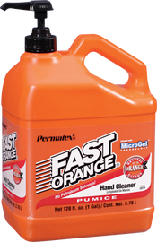Permatex hand cleaner in 1-gallon pump container, chemical product for removing grease, oil, and dirt from hands.