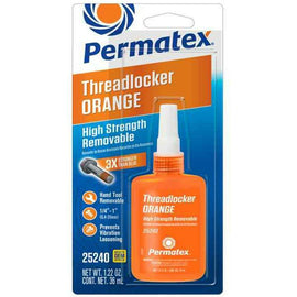 Permatex Hybrid Formula Threadlocker Orange in 36 ml bottle, chemical adhesive for locking and sealing threaded fasteners.