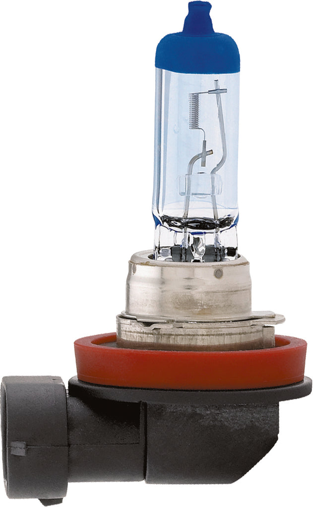 PIAA Xtreme White Hybrid H11 illumination bulb showing the clear glass lens and branding on the bulb for vehicle headlights.