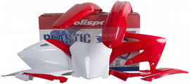 Red and white Polisport Plastics body kit for motorcycles, featuring durable plastic construction with model number 64-90142.