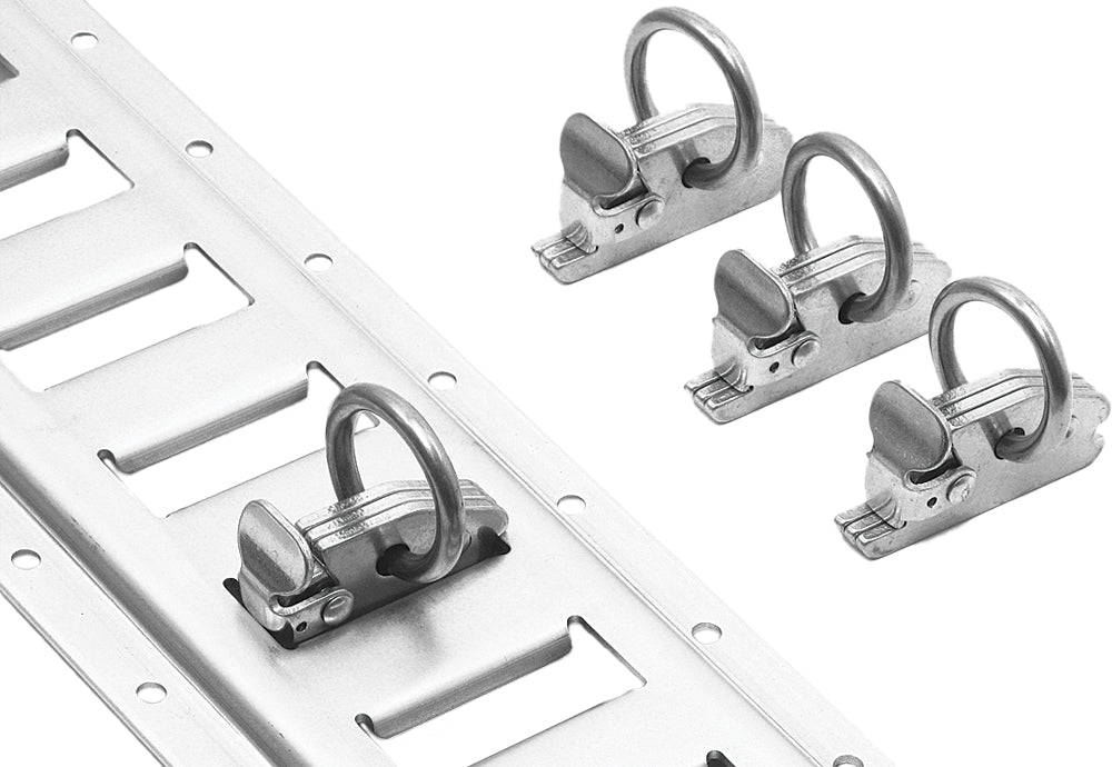 Powertye E-Track O-Ring Clips for trailer and towing, 4-pack, durable metal hooks for securing cargo on trailers.