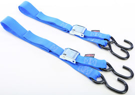 Pair of blue Powertye tie-down cam S-hooks, 1.5-inch by 5.5-foot, used for securing cargo and tie-down applications.
