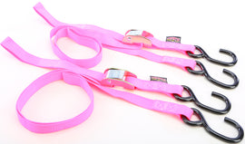Pair of pink Powertye Tie-Down Cam S-Hooks, 1 inch by 5.5 feet, used for secure cargo tie-downs and transportation.