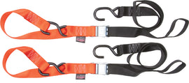 Pair of Powertye tie-down cam S-hooks with soft-tye, 1.5-inch by 6-foot, black and orange for securing cargo.