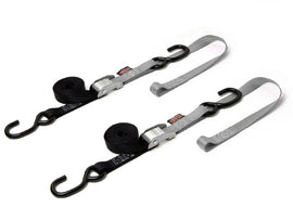 Powertye tie-down cam S-hook soft-tye in black and silver, 1 inch x 6 feet, pair of durable cargo straps with cam hooks.