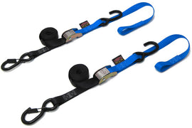 Powertye Tie-Down Cam Sec Hook Soft-Tye in black and blue, 1 inch by 6 feet, pair ideal for securing cargo.