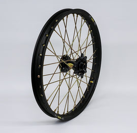 Pro-Wheel street front wheel with 1.60x21 black hub, gold rim, gold spokes, and nipples, suitable for BMX or mountain bikes.