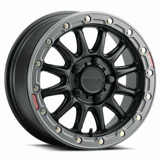 Raceline Alpha BDLK 15x10 black and gunmetal alloy wheel with 5/4.5 bolt pattern and +25mm offset, style-focused design.