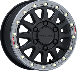 Raceline Alpha BDLK 15x6.5 black and gunmetal alloy wheel with +74mm offset, shown from a side view.