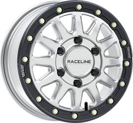 Raceline Alpha BDLK 15x6.5 alloy wheel in silver and black finish with 6/5.5 bolt pattern and +74mm offset.