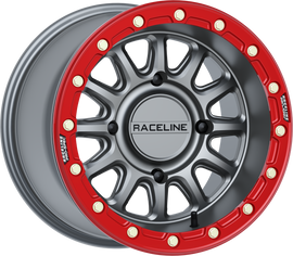 Raceline Alpha wheel 15x7 inches with gunmetal finish and red accents, featuring +10mm offset for cars.