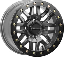 Load image into Gallery viewer, Raceline Ryno Bdlk 15x10-inch gunmetal wheel with 4/137 bolt pattern and 5+5 offset, for off-road or truck vehicles.