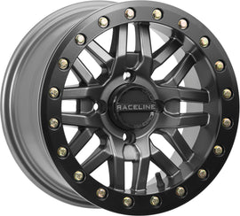 Raceline Ryno Bdlk 15x10-inch gunmetal wheel with 4/137 bolt pattern and 5+5 offset, for off-road or truck vehicles.
