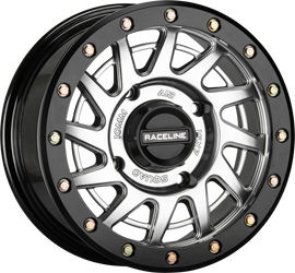 Raceline Squad BDLK 15x7 Hyper Silver wheel with 4/137 bolt pattern and 5+2 offset, view from side.