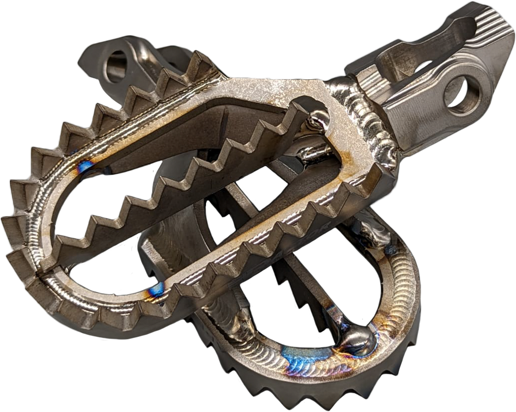 RAPTOR titanium foot pegs for motorcycle foot controls, 5mm back from stock, shown mounted on bike with sleek metallic finish.