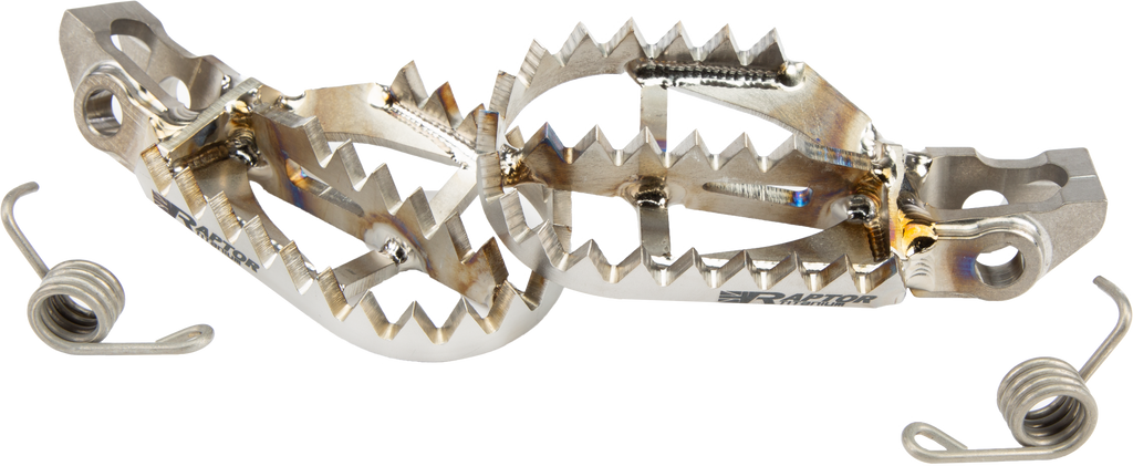 Titanium foot pegs for Gas Gas, Husqvarna, and KTM motorcycles, designed by RAPTOR for durable foot controls.
