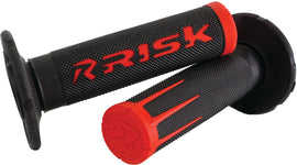 Red Risk Racing Fusion 2.0 motorcycle grips showing textured rubber grip surfaces and brand logo for secure handling.