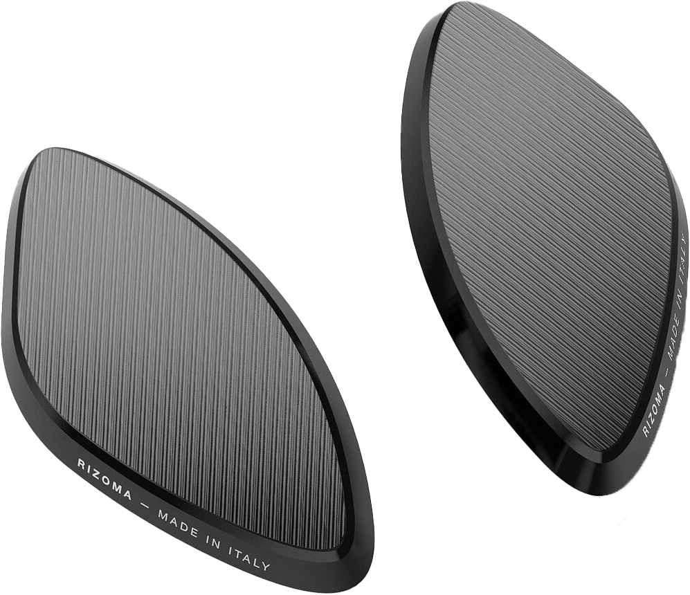 Pair of black RIZOMA mirror block-off plates, motorcycle accessories, with a sleek design and durable finish.