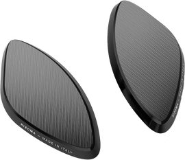Pair of black RIZOMA mirror block-off plates, motorcycle accessories, with a sleek design and durable finish.