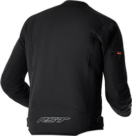 Black RST F4 D3o textile jacket displayed on a model, showcasing its protective design and sleek fit.