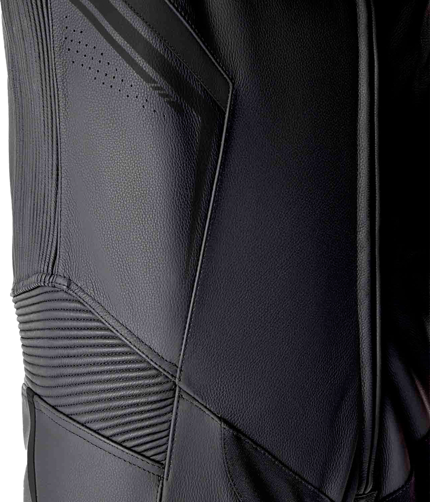 Black leather RST S1 D3o suit for motorcycle riding, featuring protective armor and sleek design.