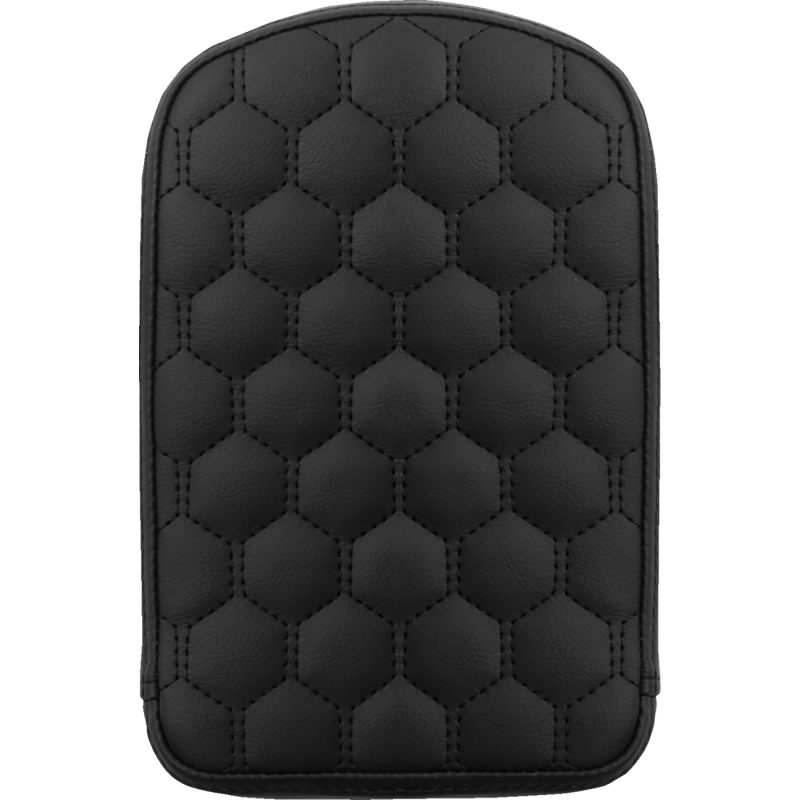 Black Saddlemens Gravestone Stitch Sissy Bar Pad on motorcycle seat, featuring detailed stitch design and cushioned comfort.