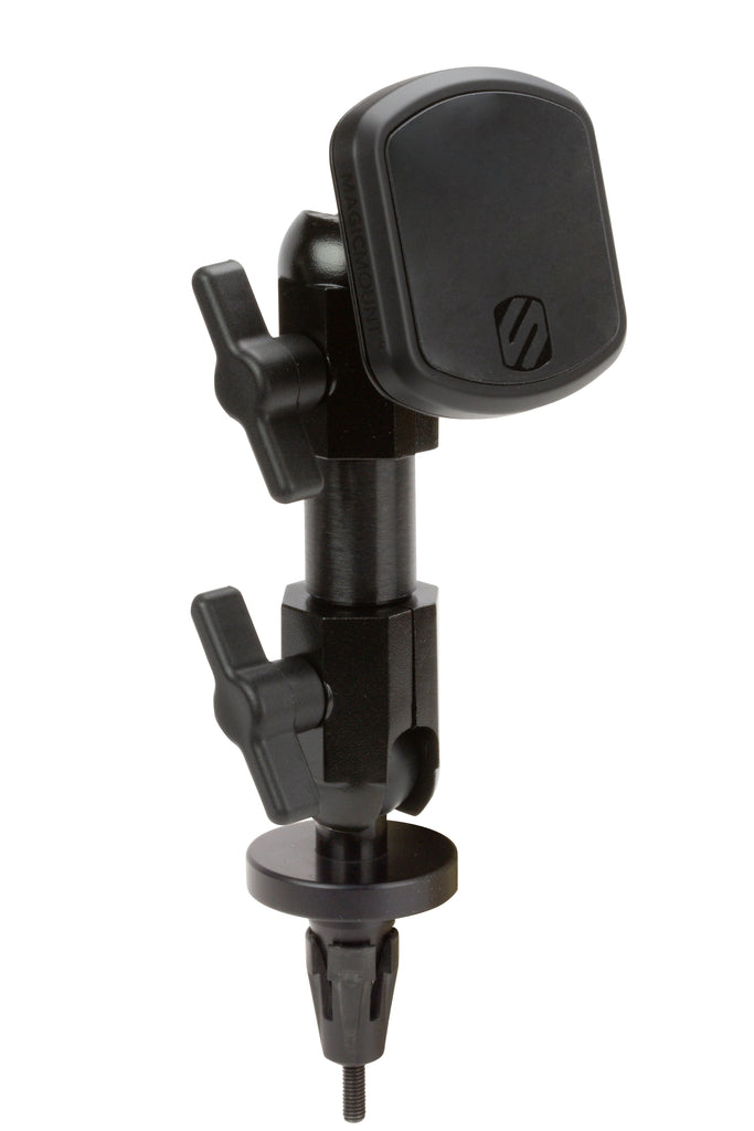 Scosche Terra Magicmount Pro fork stem accessory for vehicle mounts, shown attached to motorcycle handlebar.