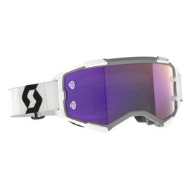Scott Fury goggles in white, black, purple, and crimson with clear lenses, designed for outdoor sports and active wear.