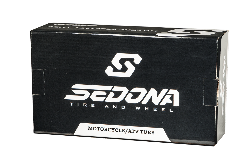 Sedona Tube 4.00/4.50-17 with TR-4 valve stem for motorcycle or bicycle tires, mounted on wheel.
