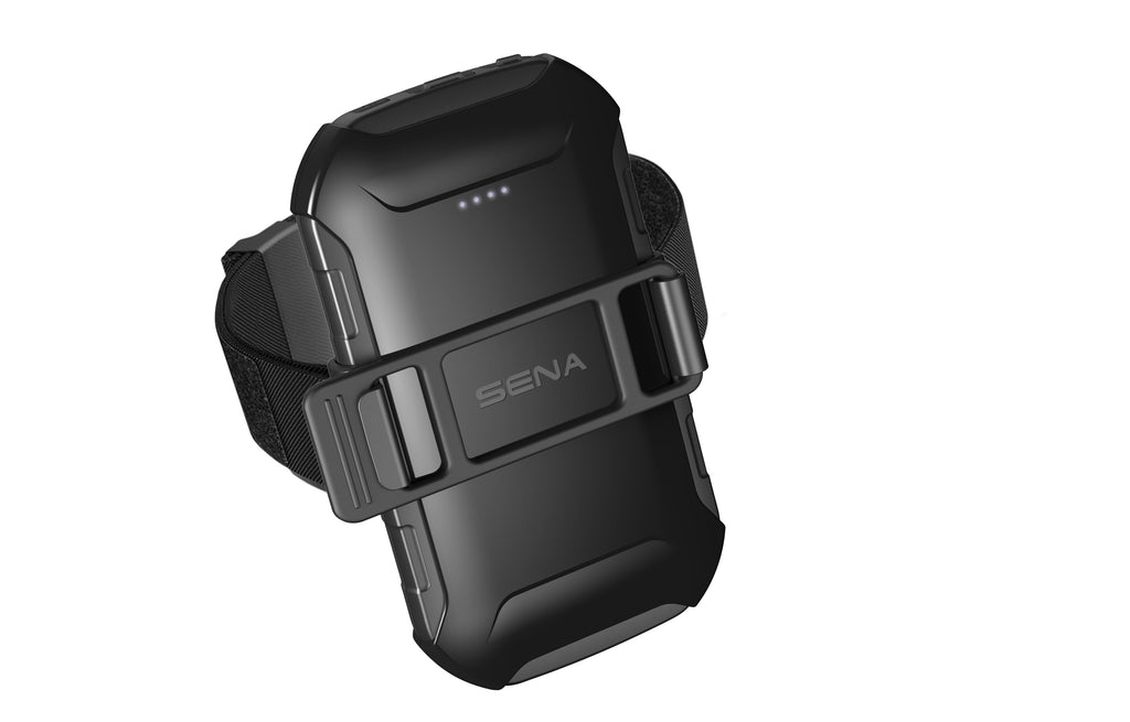 SENA Powerbank battery pack accessory showing a compact portable charger with USB ports and LED indicators.