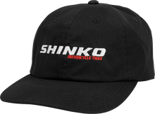 Load image into Gallery viewer, Shinko black dad hat with adjustable strap, casual unstructured style, featuring the Shinko brand logo on the front.