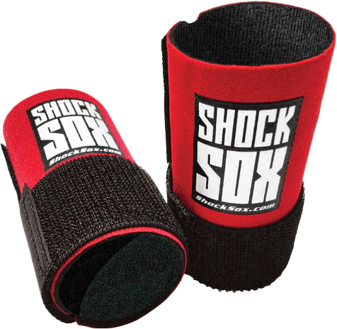 Red Shock Sox 4-inch conventional forks for bicycles, featuring durable construction and vibrant color, designed for bike suspension systems.