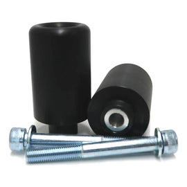 Black Shogun body frame sliders for motorcycle protection, shown mounted on a motorcycle frame.