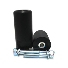 Black SHOGUN Body Frame Sliders for motorcycle protection, shown mounted on a bike in a sleek black finish.